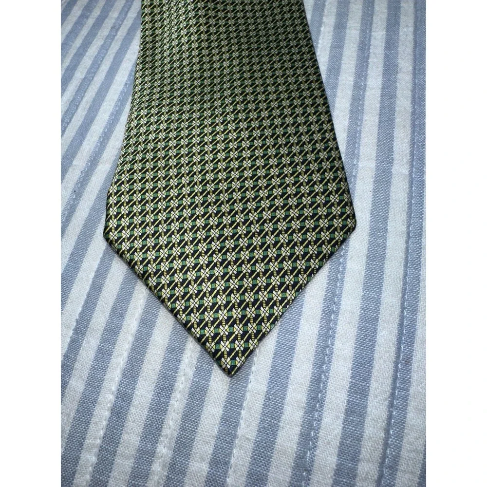 UMO‎ Lorenzo Italy 100% Silk Tie Geometric Navy Green Yellow Men's Tie